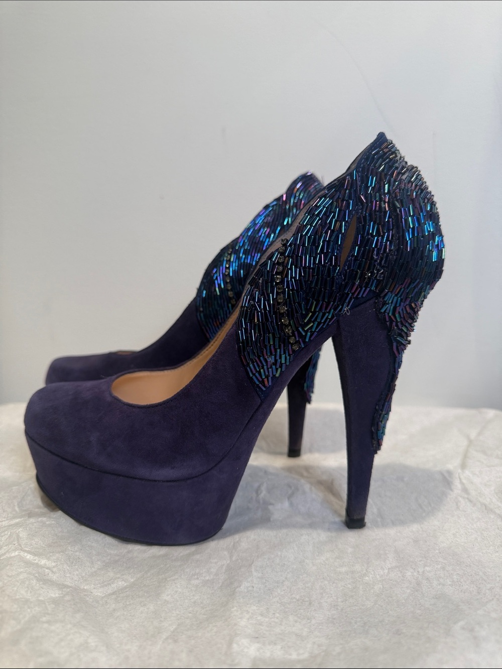Beautiful Navy Suede Platform Baladeva Pumps with Bead Embellishment